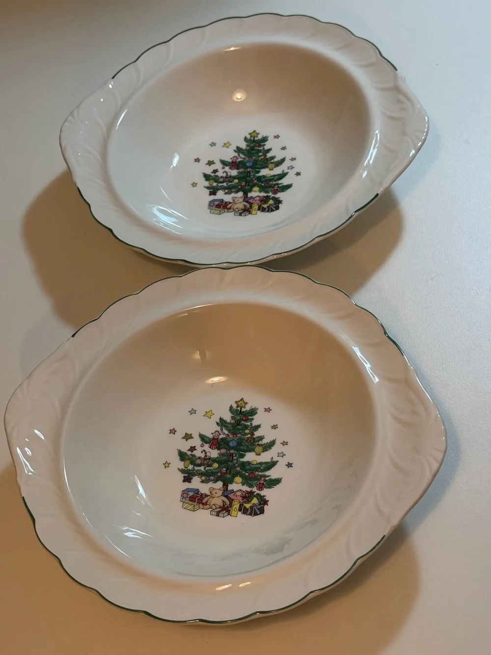 2 Vtg Nikko Happy Holidays Round Veg Serving Bowl w/ Lug Handles Christmas Decor